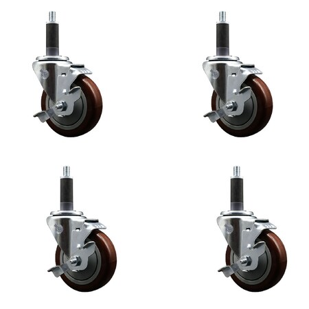 Service Caster 4'' SS Maroon Poly Swivel 1'' Expanding Stem Caster Set with Brake, 4PK SCC-SSEX20S414-PPUB-MRN-TLB-1-4